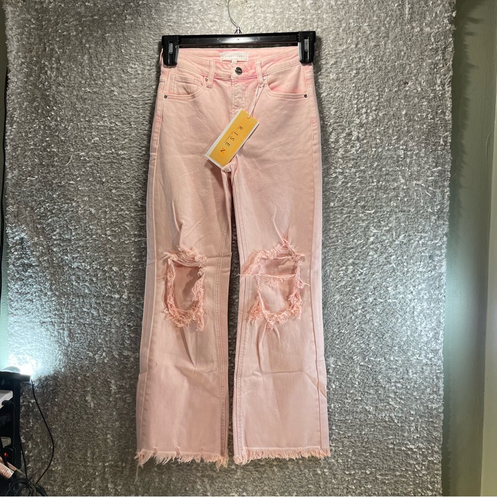 RISEN Distressed Cropped Ankle Flare Denim Jeans Size 1/25 Pink-NWT